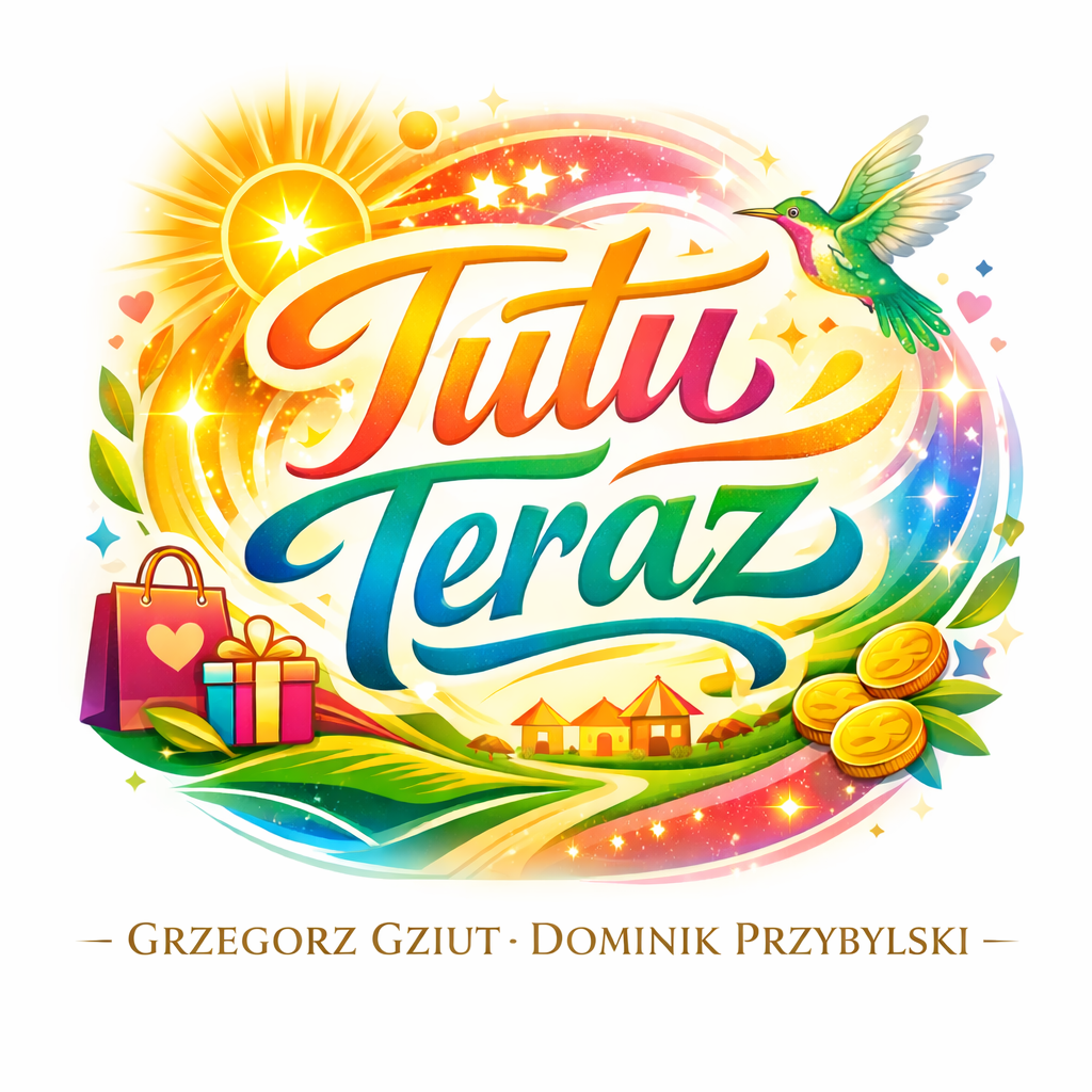 Logo Tutu Teraz: koliber w locie na tle słońca, tęczy i lokalnych domów.